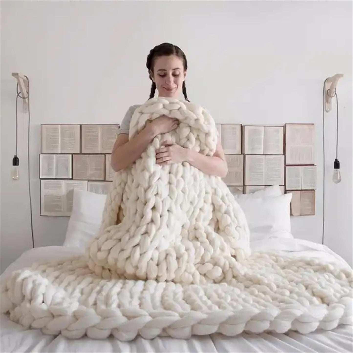 Sofa Bed Chair Throw Blanket Knit Cable Hand-Woven Arm Knit Blanket Throw Merino Wool Chunky Handmade Cotton Cable Accent Throw Blanket for Couch Bed,Yellow,60x80cm/23x31in
