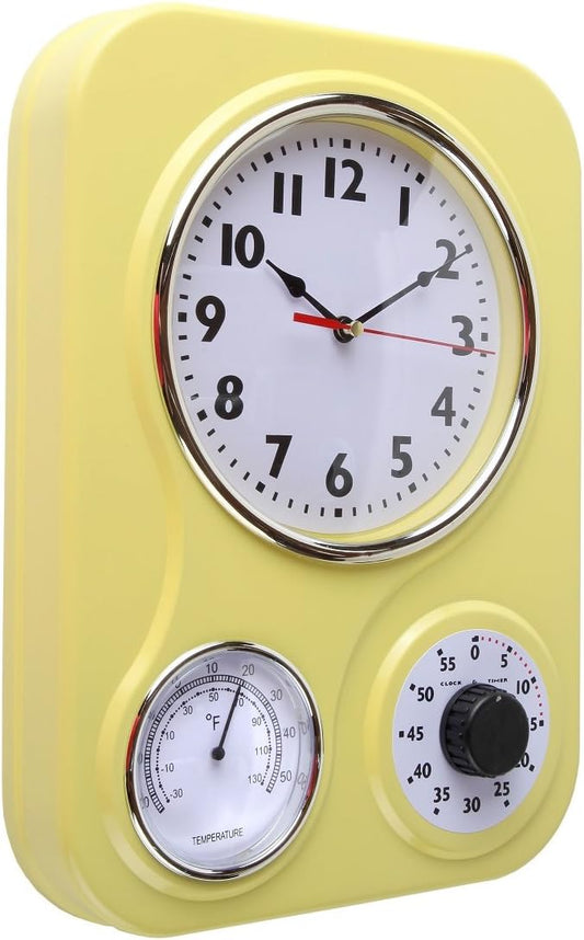 9 Inch x 12.5 Inch - Retro Kitchen Wall Clock, Vintage Wall Clock with a Thermometer and 60-Minute Timer, Ideal for Any Kitchen, Office, or Diner (Yellow)