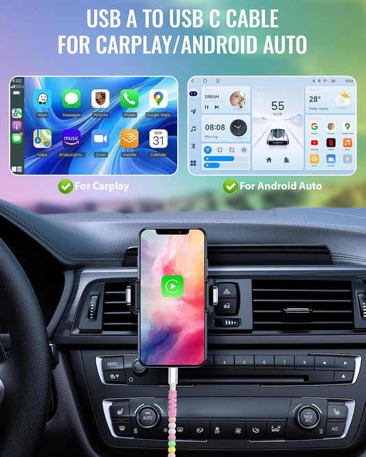 6ft USB A to USB C Cable Beaded Charger for Apple CarPlay Car Play | Pink Yellow Cute Beads Tangle-Free Cord for iPhone 17 17e 16 15/Galaxy S26 S25 Android Phone Type C Charging Wire Women Girls