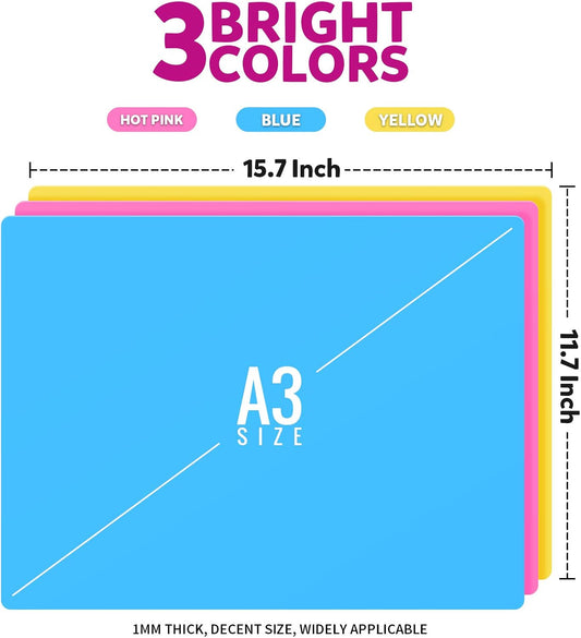 Silicone Mat, 3 PCS Silicone Mats for Crafts, Resin Molds, Play Dough Mat, Placemat, Clay Mats, for Epoxy Resin, Crafts, Yellow & Hot Pink & Blue, 15.7βx 11.7