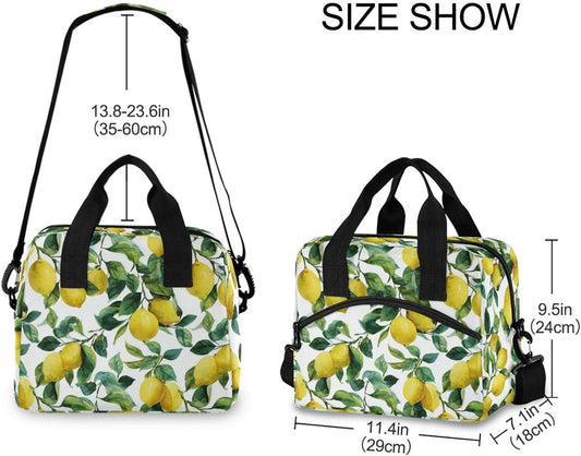 Lemon Lunch Box Summer Lime Leaves Lunch Bag Insulated Freezable Tropical Fruits Lunch Tote Kit Thermal Cooler for Office Picnic Travel Portable Reusable Handbag