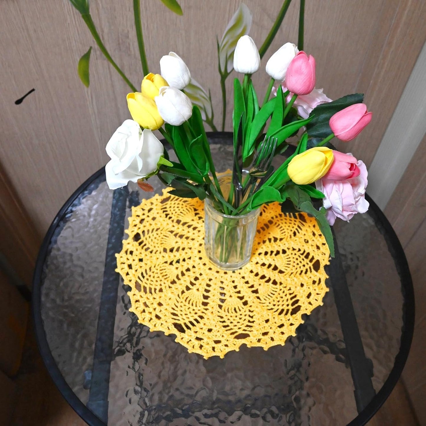 Lace Doilies Crochet Handmade Lace Coasters Round Placemat Rustic Table Doilies Decors for Kitchen Dining Room Party Dressers (11 inches to 12 inches,Pack of 2 PCS, Yellow)