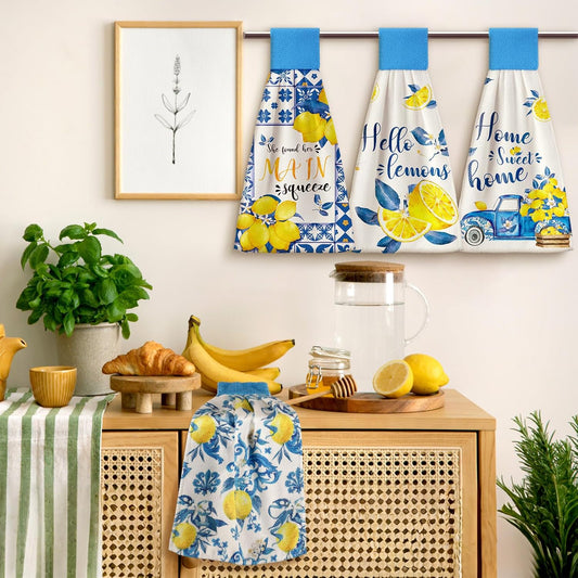4 Pcs Lemon Hanging Kitchen Towels Lemon Hand Towels with Hanging Loop Yellow and Blue White Tea Towel Italian Amalfi Coast Decor Farmhouse Housewarming Gift for Kitchen Oven Stove Home Decor