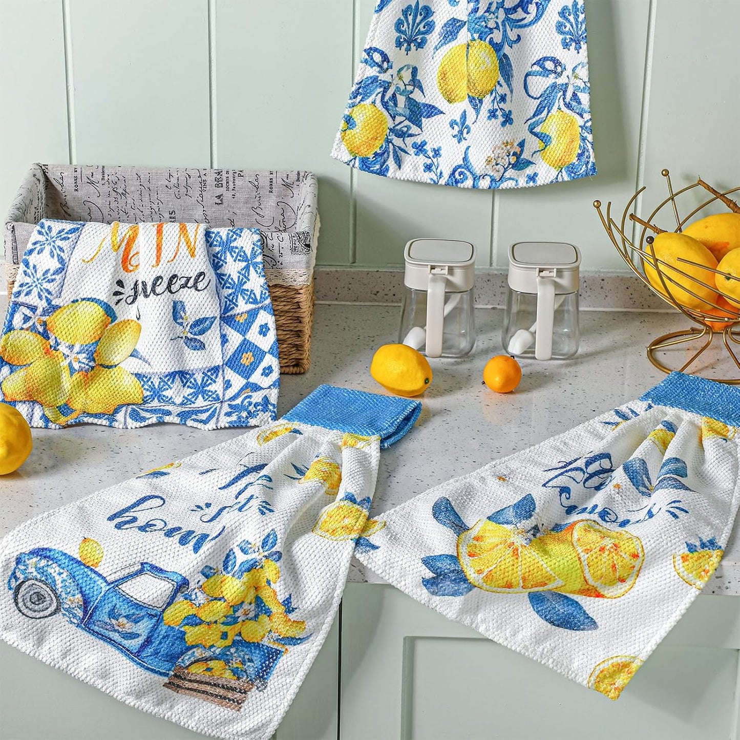 4 Pcs Lemon Hanging Kitchen Towels Lemon Hand Towels with Hanging Loop Yellow and Blue White Tea Towel Italian Amalfi Coast Decor Farmhouse Housewarming Gift for Kitchen Oven Stove Home Decor