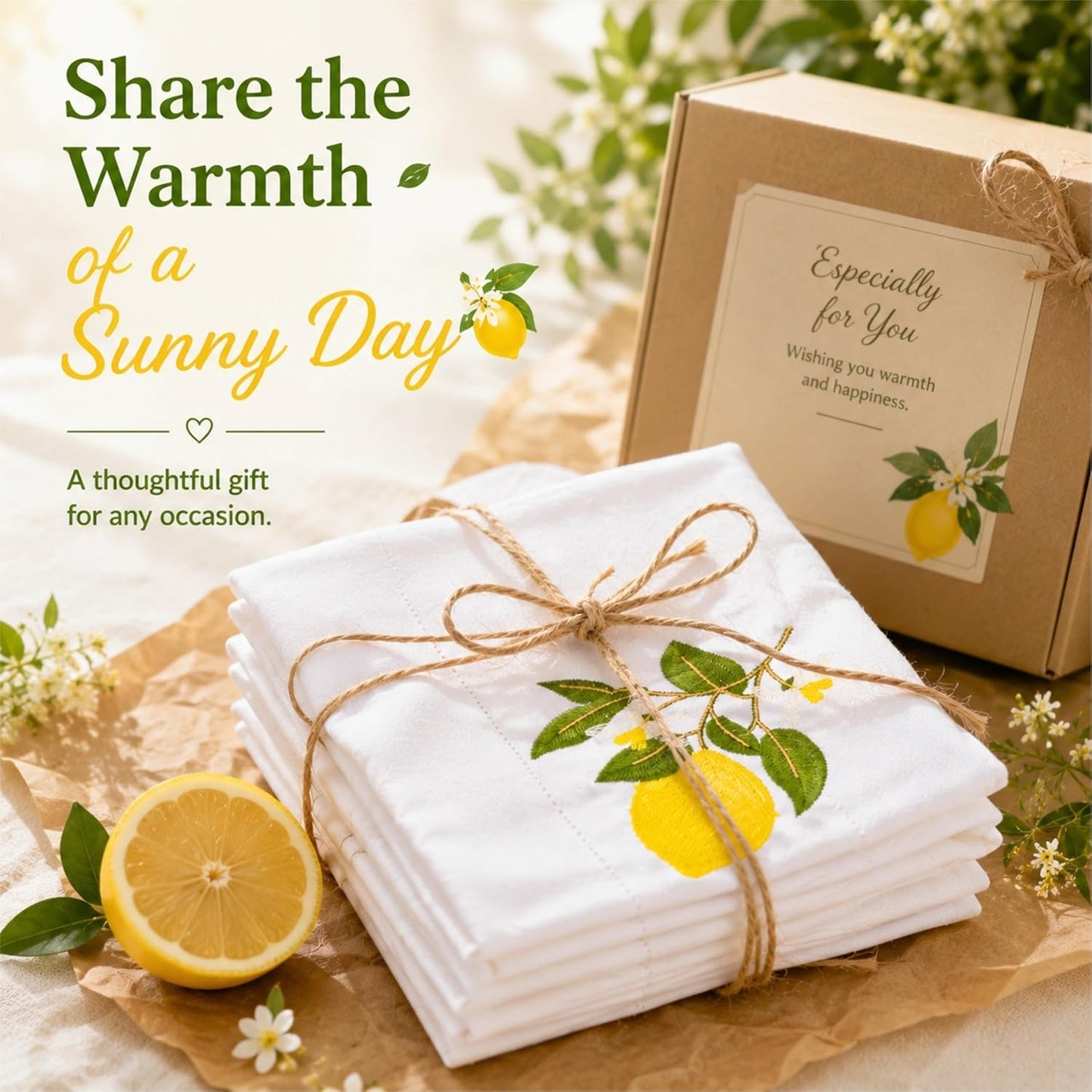 Embroidered Lemon Cloth Dinner Napkins Set of 4, 20x20 Inch Premium Cotton Linen Blend, Mediterranean Summer Table Decor, Reusable Fabric Napkins for Everyday Dining & Kitchen