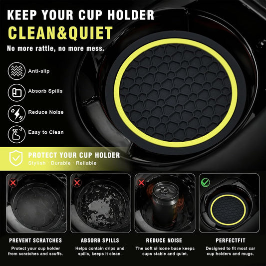 4PCS Car Cup Holder Coasters, 2.75 Inch Non-Slip Insert Water Bottle Holder Pads, Dustproof Automotive Interior Accessories Mat, Universal for Vehicles, Trucks, RVs and More (Yellow)