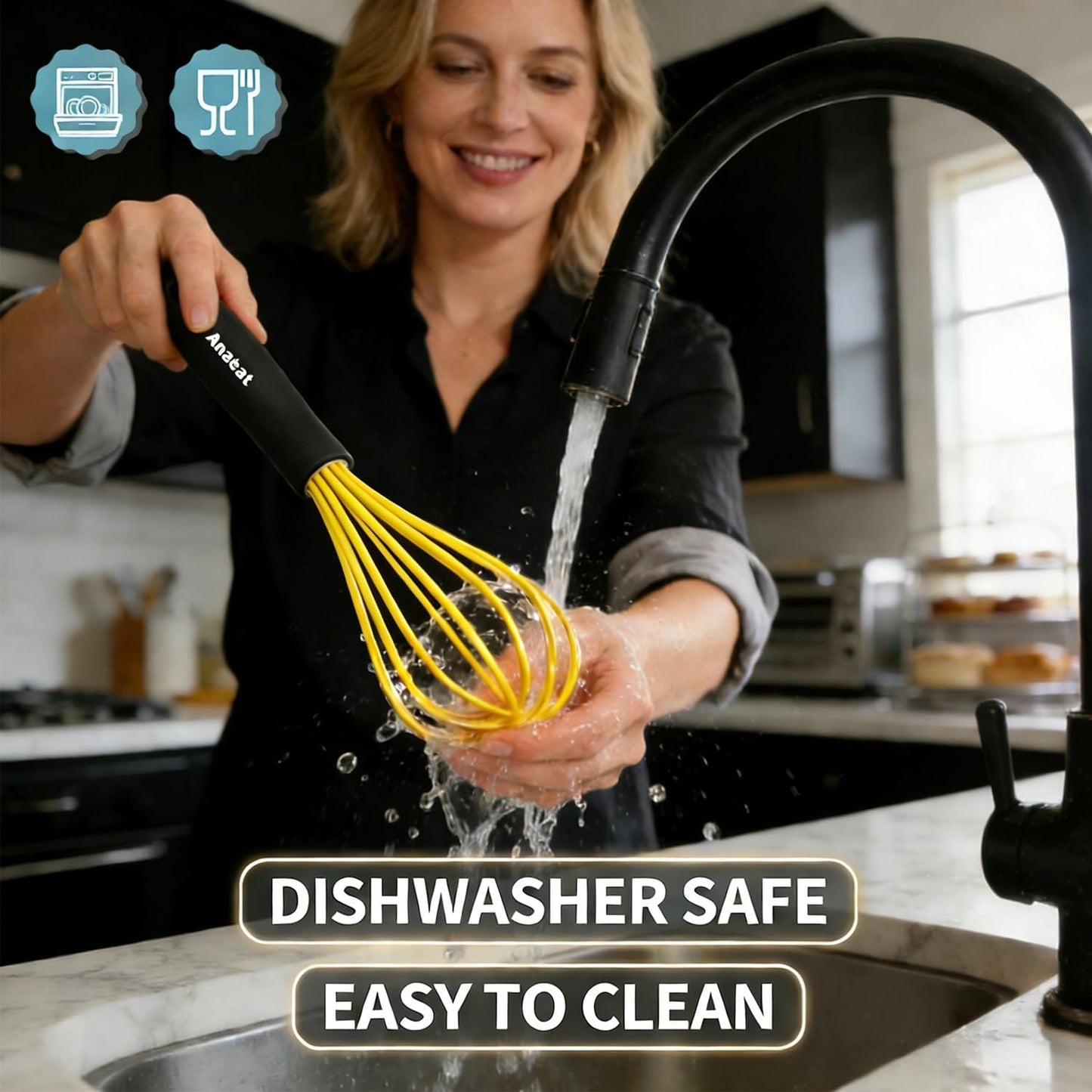 Silicone Whisk, Thick Stainless Steel Wire Inner Heat Resistant - Kitchen Whisks for Non-Stick Cookware, Balloon Egg Beater for Whisking, Blending, Beating, Frothing & Stirring (Yellow)
