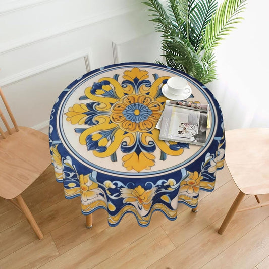 Yellow Blue Floral Round Tablecloth 60 Inch Washable Reusable Decoration Table Cover for Kitchen Party