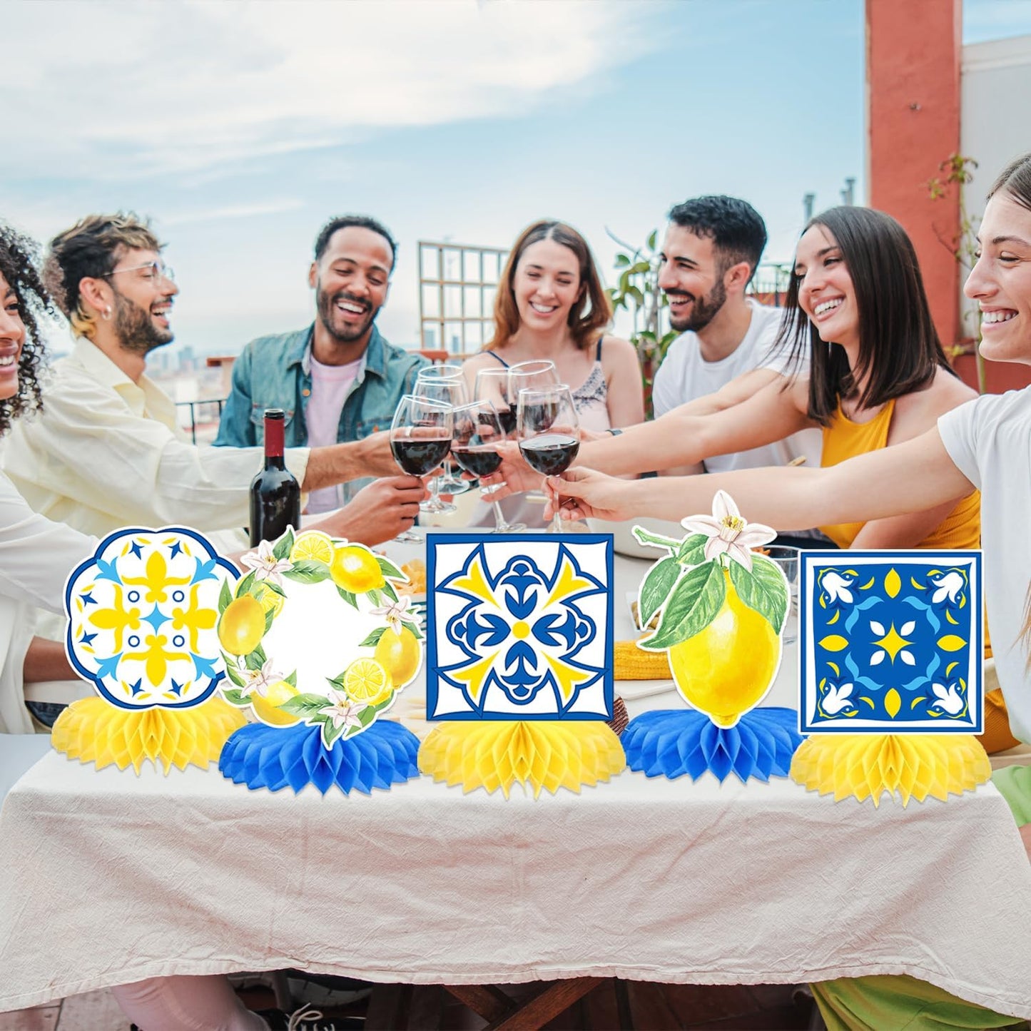 12 Pcs Capri Lemon Blue Yellow Tiles Honeycomb Centerpieces Decorations Mediterranean Amalfi Coast Centerpieces for Lemon Birthday Party Italian Summer Wedding, Bridal Shower Bachelorette Fiesta Decor