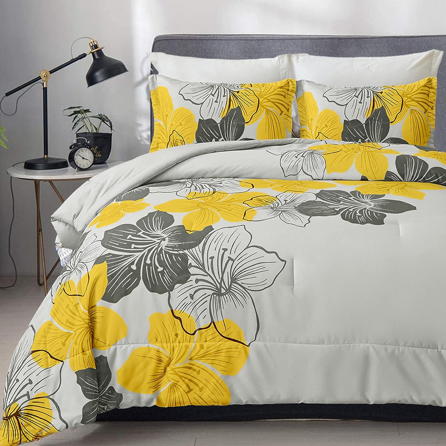 King Comforter Set Yellow Floral and Grey Bedding, Soft Microfiber Bedding Lightweight Boho Bed Comforter Set for All Season (1 Comforter, 2 Pillowcases)