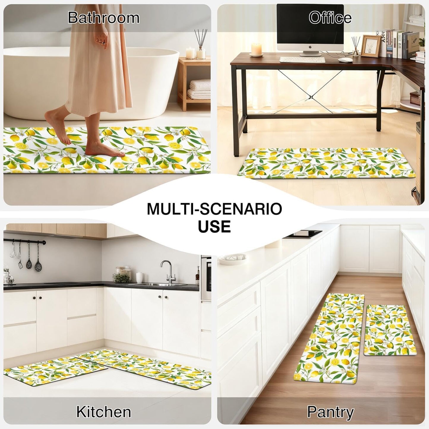 Summer Lemon Kitchen Decor Anti Fatigue Rugs and Mats Non Slip Comfort Washable Waterproof Floor Kitchen Mat, Yellow Lemon Rug Set of 2 for Home, Sink, Laundry, 17.3"x47"+17.3"x30"