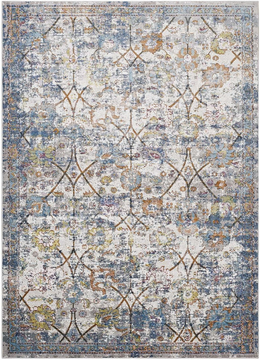 Minu Distressed Floral Lattice 5x8 Area Rug in Light Blue, Yellow and Orange