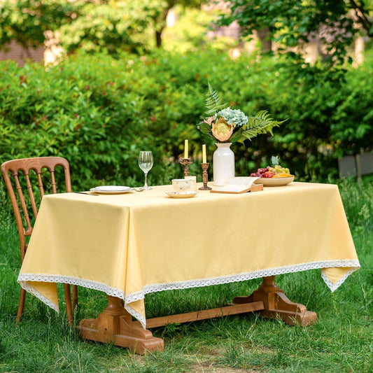 Faux Linen Tablecloth with Lace Trim - Waterproof/Spill Proof/Stain Resistant/Wrinkle Free/Oil Proof - for Banquet, Parties, Dinner,Wedding,Holiday,Yellow, Rectangle 60x102Inch