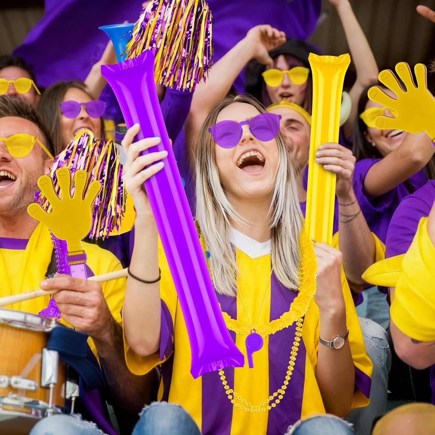 180 Pcs Yellow Purple Team Spirit Accessories Bulk Field Day Accessories Pep Rally Color War Camp Spirit Events Party Items Cheerleading Pom Poms Clappers Thunder Stick Whistle Megaphone
