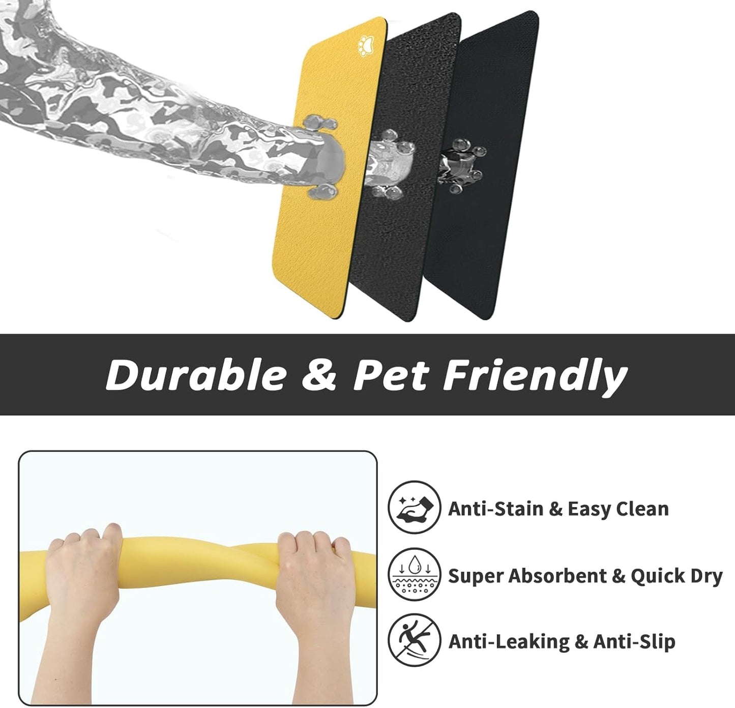 Dog Food Mat - Absorbent Cat Mat for Food and Water, No Stains Pet Feeding Bowl Mat, Easy to Clean Pet Placemats, Quick Dry Dog Water Dispenser Mat for Messy Drinkers | Paw Yellow 12"x 19"