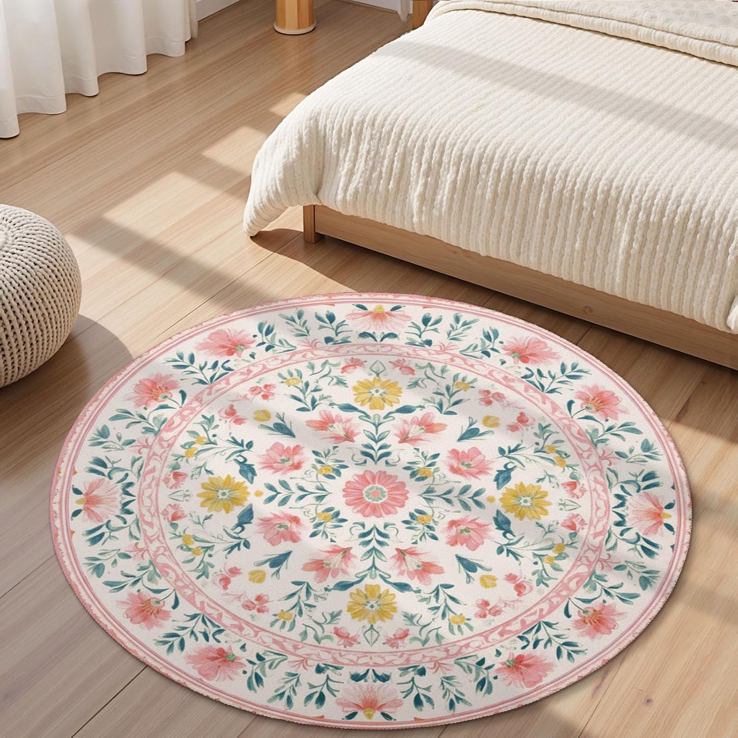 Boho Floral Round Area Rug 4ft,Machine Washable Light Pink Green Yellow Flower Leaf Round Rug Non-Slip Circle Rugs Low-Pile,Indoor Floor Carpet Mat for Living Room Bedroom Kitchen Dining Entryway