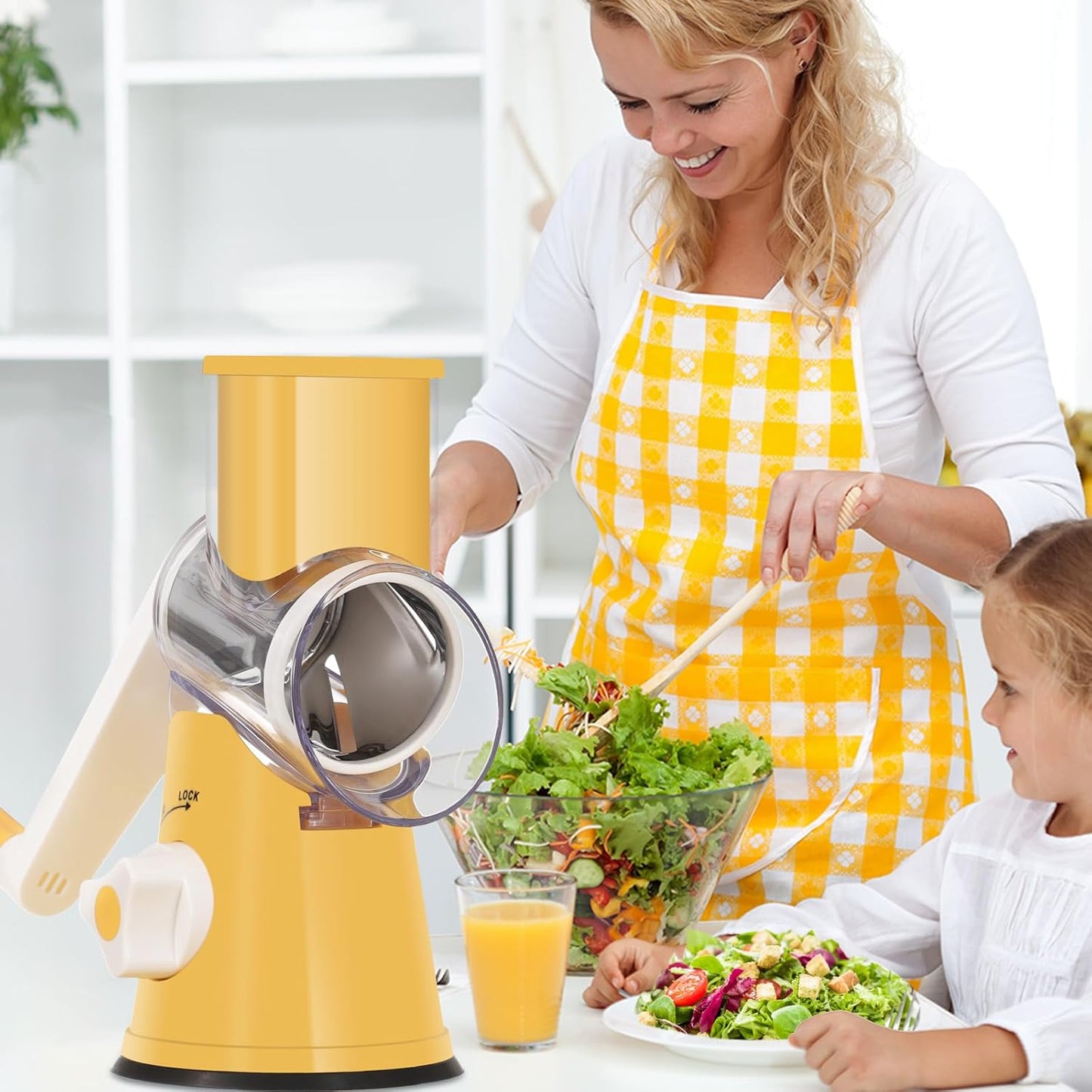 Rotary Cheese Grater Hand Crank, Kitchen Shredder Speed Mandolin Slicer Nut Grinder with Handle and Drum Blades for Cheese, Vegetable, Walnut, Chocolate, Potato, Carrot, 3 Blades, Yellow