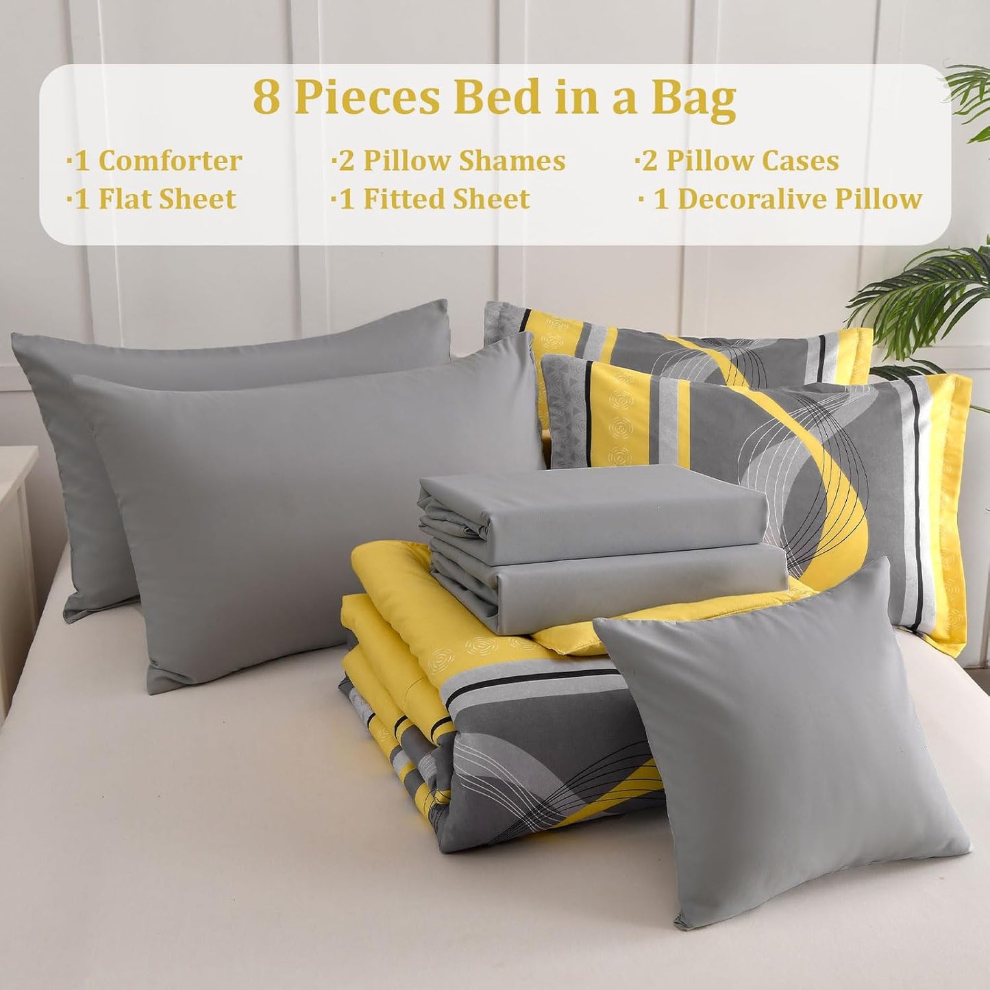 Yellow Comforter Set Queen Size,8 Pieces Bed in a Bag Patchwork Striped Bedding Sets,Boho Soft Microfiber Bedding Set for All Season(90"×90")