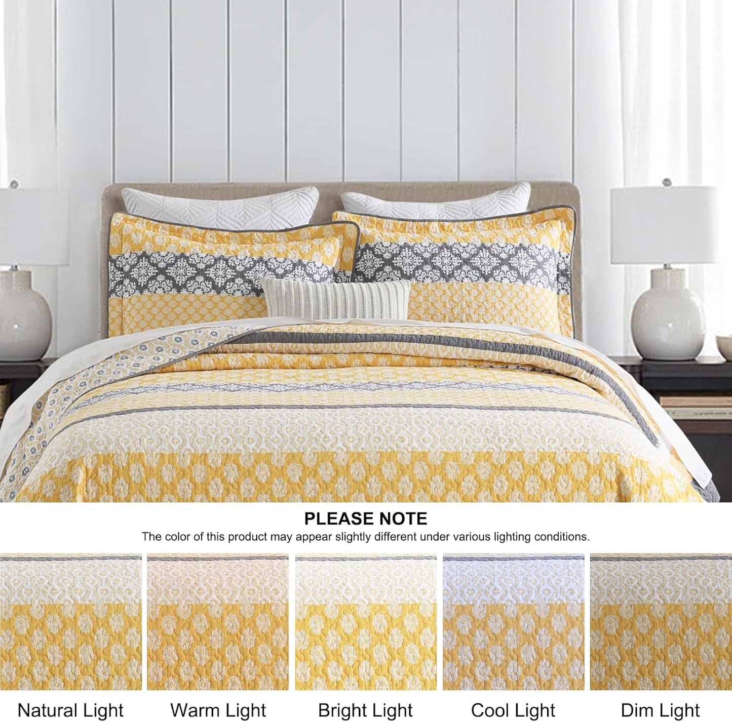100% Cotton XL California King Bedspread Set - 128"x120" Yellow Stripe Quilt with Botanical Pattern, 3 Pieces Farmhouse Bedspread Coverlet, Soft Lightweight Comforter Bedding Set, Yellow/Gray/White