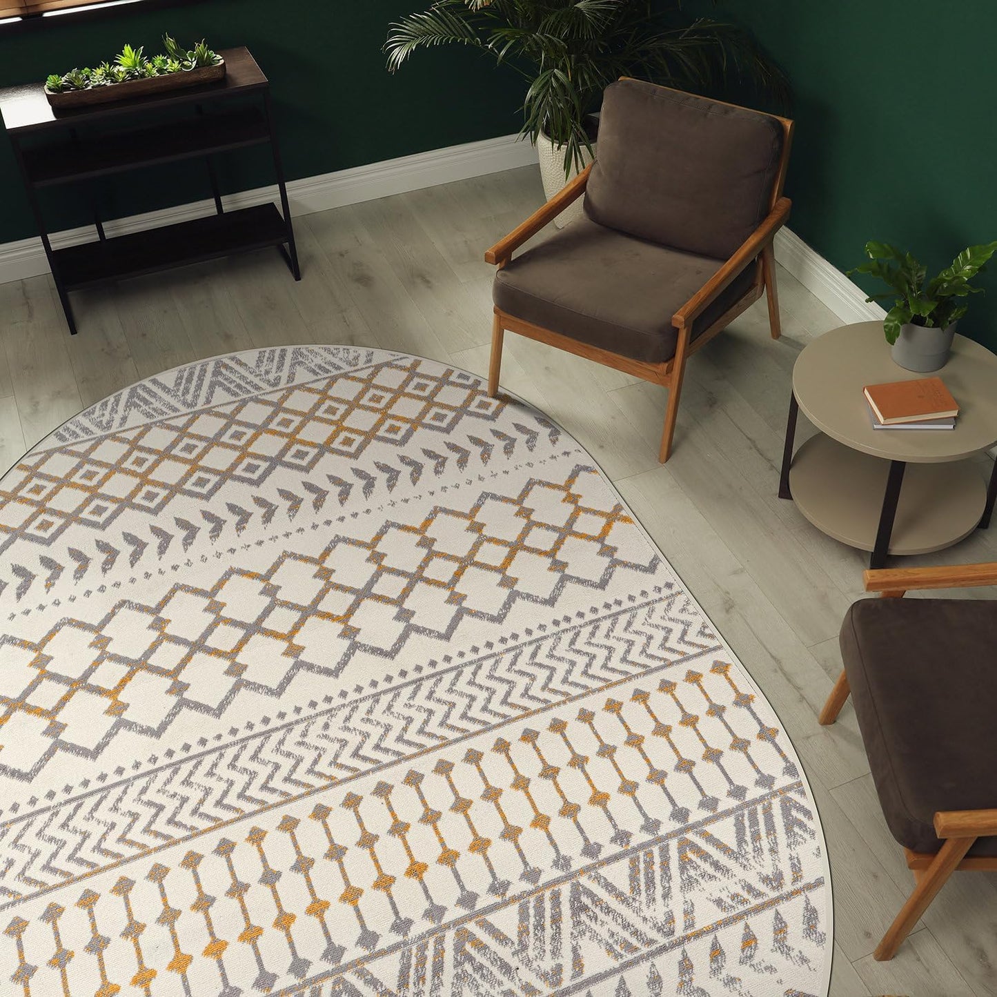 CAMILSON Boho Moroccan Yellow Oval Rug Geometric Diamond 5x7 Area Rugs for Living Room Bedroom Kitchen Modern Bohemian Soft Stain Resistant Non-Shedding Indoor Carpet (5 x 7 Yellow and Cream)
