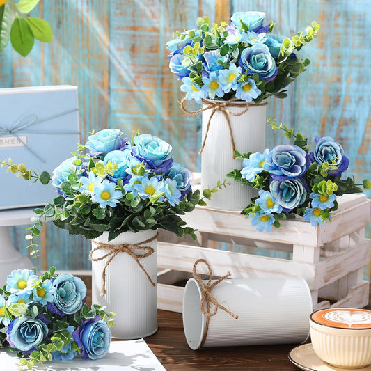 6 Sets Wedding Centerpiece for Table Decoration Yellow Artificial Fake Rose Flower with Metal Vase Faux Silk Rose Bouquet Floral Arrangement for Bridal Shower Home Dining