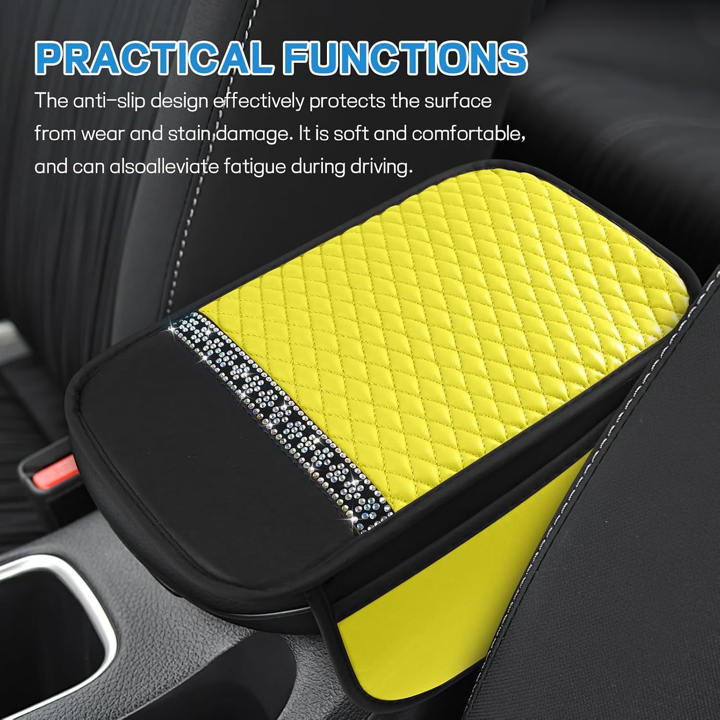 8PCS Car Accessories Set, Bling Leather Car Steering Wheel Cover with Armrest Pad, Seat Belt Cover Pads, Cup Holder Coasters, Gear Shift & Handbrake Covers, Auto Interior Accessories (Yellow)