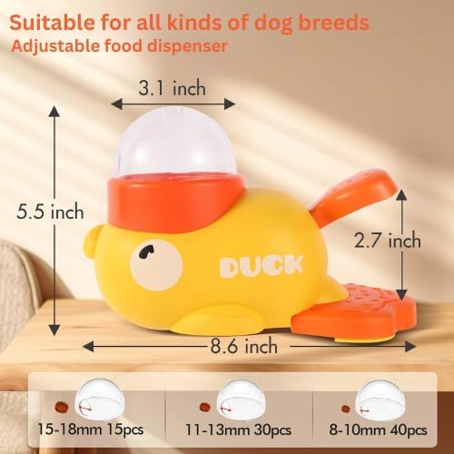 Interactive Dog Treat Dispenser Toy – Duck-Shaped Puzzle Feeder with Portion Control, Clear Dome & Airtight Lid for Small Medium Large Dogs – Slow Feeder Kibble Launcher – Yellow/Orange