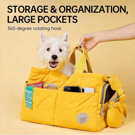 Macaron Cloud Pet Carrier Bag for Small Dogs and Cats, Lightweight Handheld Shoulder Crossbody Puppy Carrier with Storage Pocket, Breathable Expandable Pet Travel Carrier,Ups to 14 lbs (Yellow)
