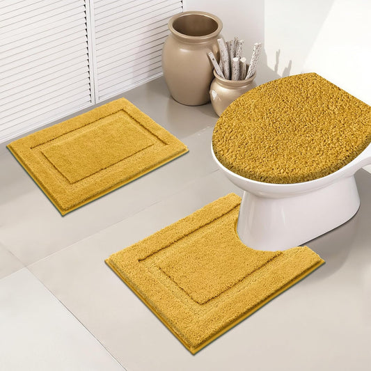 3 Pieces Bathroom Rugs with Toilet Lid Cover, Honey Mustard | Soft Absorbent, Non Slip, Washable, Microfiber, 16"x24"+U-Shape 20"x24"+Lid Cover19"x21"