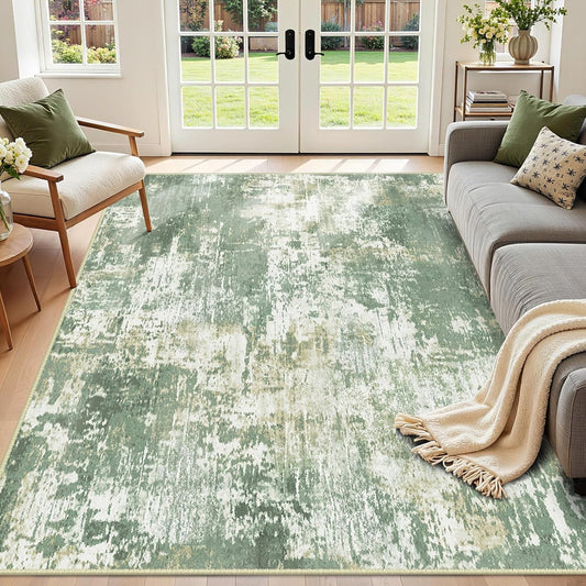 Washable Area Rugs 8'x10' Non-Slip Modern Abstract Soft for Living Room Entryway Bedroom Kitchen, Print Pattern, Light Green/Yellow