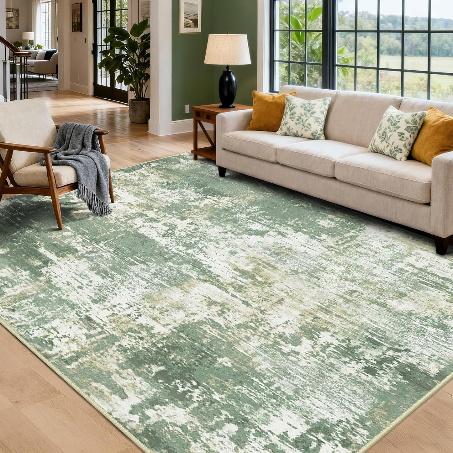 Washable Area Rugs 8'x10' Non-Slip Modern Abstract Soft for Living Room Entryway Bedroom Kitchen, Print Pattern, Light Green/Yellow
