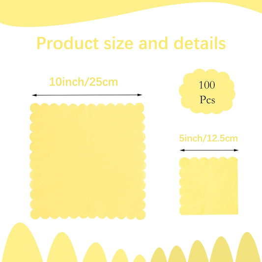 100 Pieces 2-ply Light Yellow Napkin Disposable Scalloped Cocktail Napkins Beverage Napkins Dessert Napkins Paper Napkins for Dinner Wedding Birthday Party Bridal Anniversary Reception Event (Yellow)