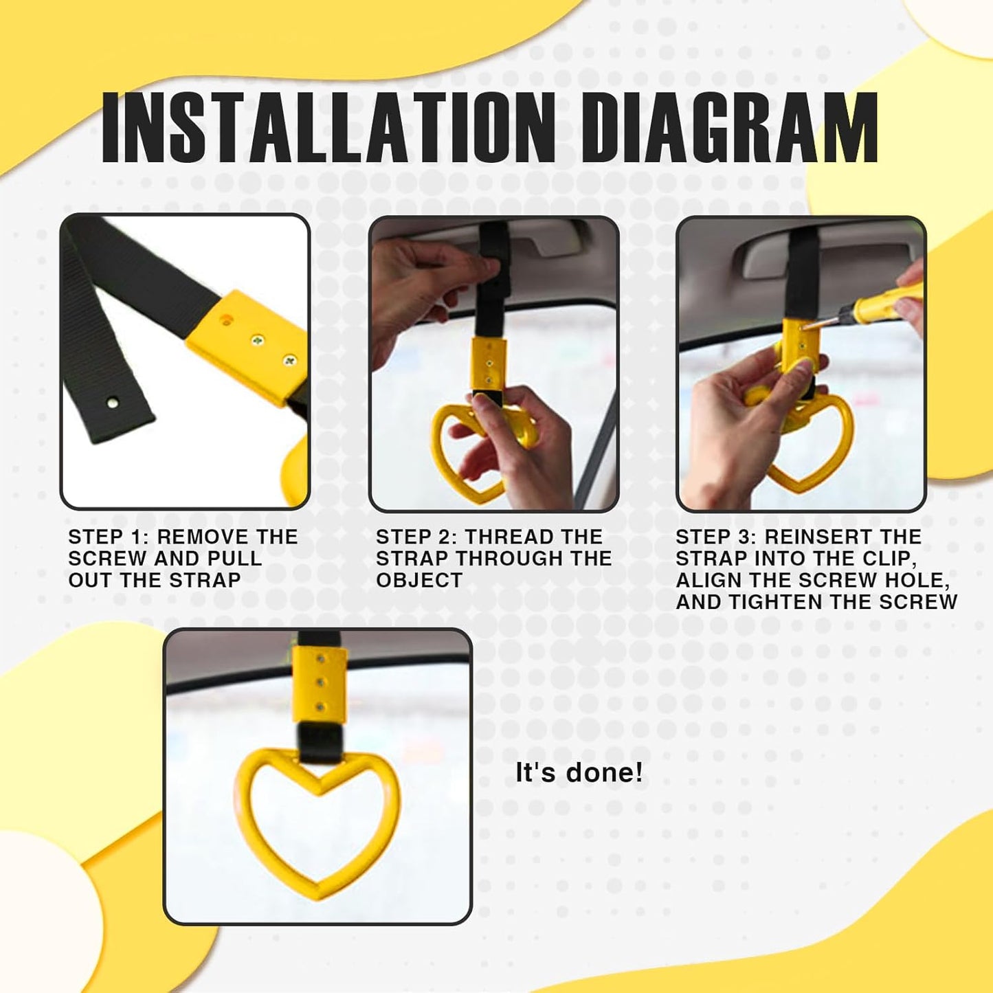 2PCS Heart Shaped Car Handle Straps, Rear Bumper Warning Keychain Ring for Car Exterior Accessories (Yellow)