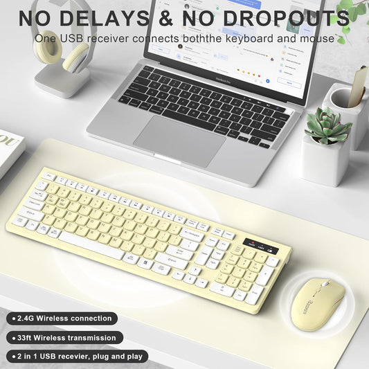 Wireless Keyboard and Mouse Combo, Full-Sized Wireless Keyboard and Adjustable DPI Mouse, 2.4GHz USB Receiver, Keyboard and Mouse for PC, Windows, Desktop, Laptop (Canary Yellow)