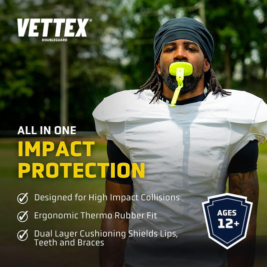 Vettex DoubleGuard Mouth Guard with Lip Protection, Yellow | Football, Lacrosse, MMA, Boxing, Adjustable Helmet Strap, Braces Friendly, 2 Breathing Channels, NCAA & NFHS Certified