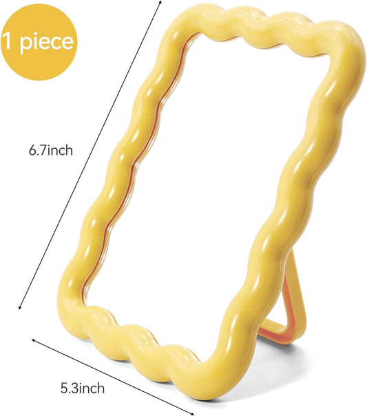Cute Wave-Shaped Desk Vanity Makeup Mirror, Portable Folding Travel Make Up Mirror for Standing/Hanging, Home Decorations Mirror for Women Girls (1, Yellow)