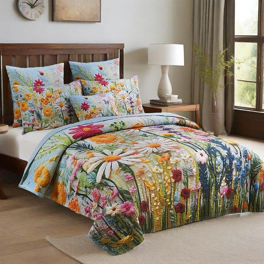 Boho Floral Quilt Set King Size, Lightweight Microfiber Bedspread Coverlet, Soft All Season Bedding with 2 Pillow Shams, Vintage Botanical Daisy Yellow Flower Pattern(Daisy Yellow, King)