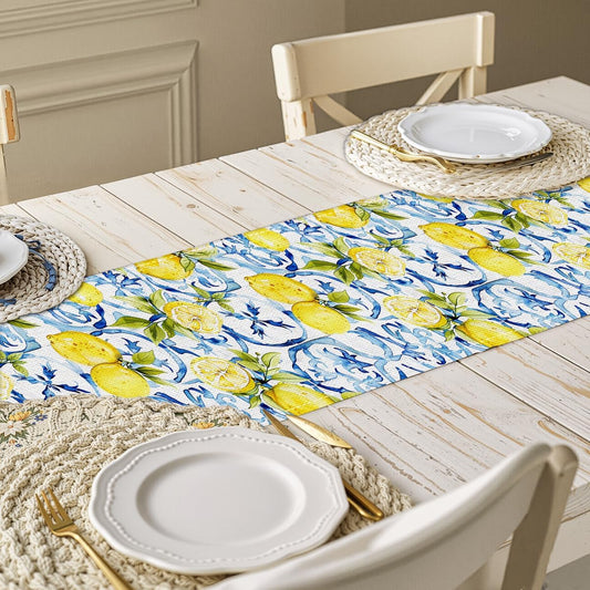 Lemon Table Runner 13x72 Inch, Italy Lemon Runners Holiday Party Decor | Spring Summer Blue Chinoiserie Linen Table Runner for Dining Room Living Room Kitchen Home Party Indoor Outdoor Farmhouse