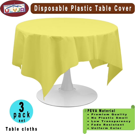 Light Yellow Tablecloths Plastic 3 Pack Premium 84 Inches Disposable Table Covers Decorative Table Cloths for Round Dinning Kitchen Tables