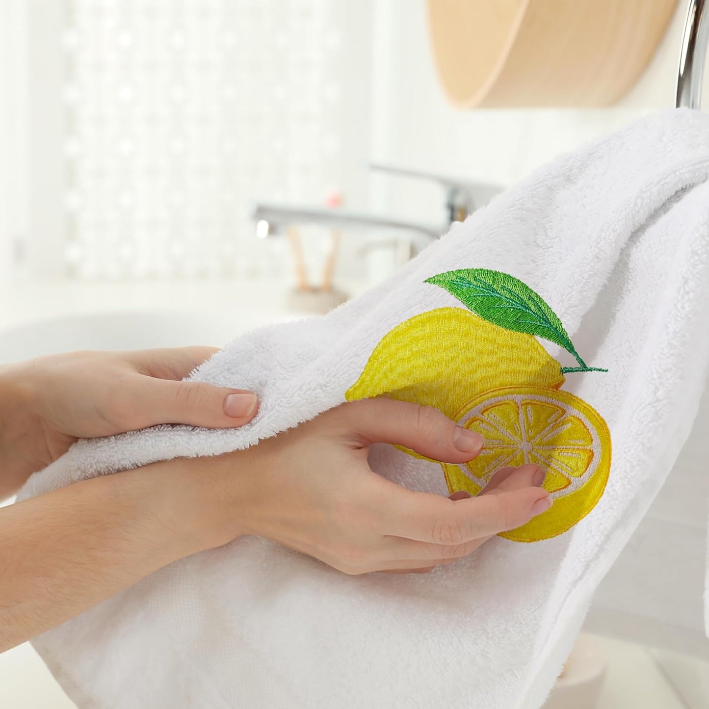 Lemon Hand Towels for Bathroom Set of 2, Spring Summer Bathroom Decor, Lemon Yellow Cotton Soft Embroidered Towels for Kitchen Bath 14x30 Inches