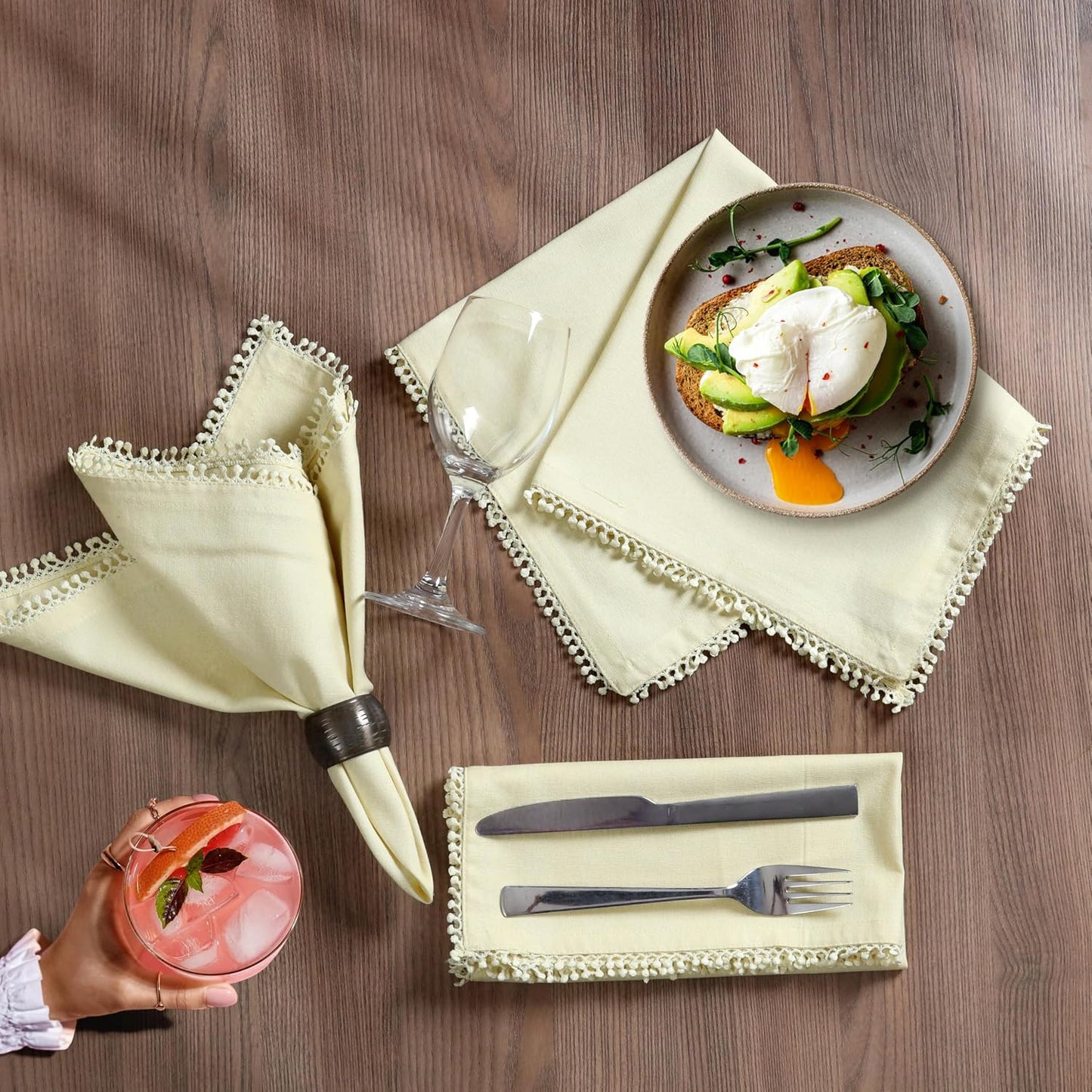 Cotton Cloth Dinner Napkins Set of 12 – 18x18 French Vanilla Light Yellow with Decorative Lace Selvedge – Elegant Machine Washable Fabric Napkins for Weddings, Parties & Dining