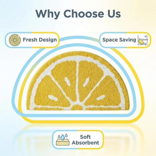 Half Round Microfiber Soft Lemon Shape Bathroom Rugs Non Slip Shag Bath Mat Rug for Kitchen Bedroom Rubber Shower for Floor Living Room Mats Water Absorbent Washable (40cmx60cm, Lemon)