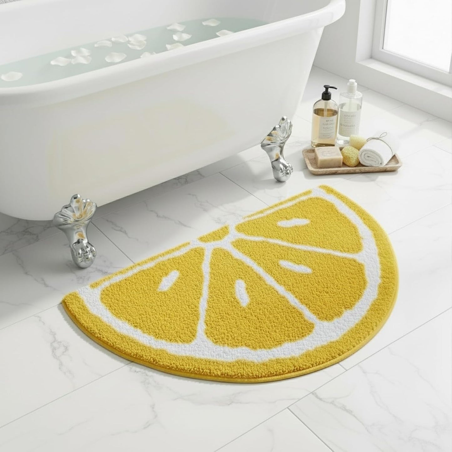 Half Round Microfiber Soft Lemon Shape Bathroom Rugs Non Slip Shag Bath Mat Rug for Kitchen Bedroom Rubber Shower for Floor Living Room Mats Water Absorbent Washable (40cmx60cm, Lemon)
