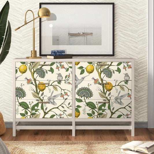 Vintage Bird & Lemon Tree Wallpaper Stick and Peel Boho Farmhouse Kitchen Waterproof Aesthetic Wall Paper Self Adhesive Neutral Cream Beige Hummingbird Yellow Lemon Contact Paper 17.5x78.8"