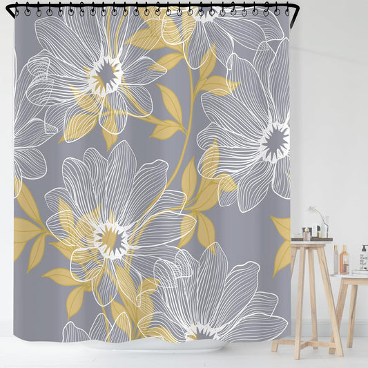 Unique Design Abstract Gray and Yellow Plants Flowers Fabric Shower Curtain, Mordern Art Curtain for Bathroom Décor Machine Washable 71" x 71" Grey