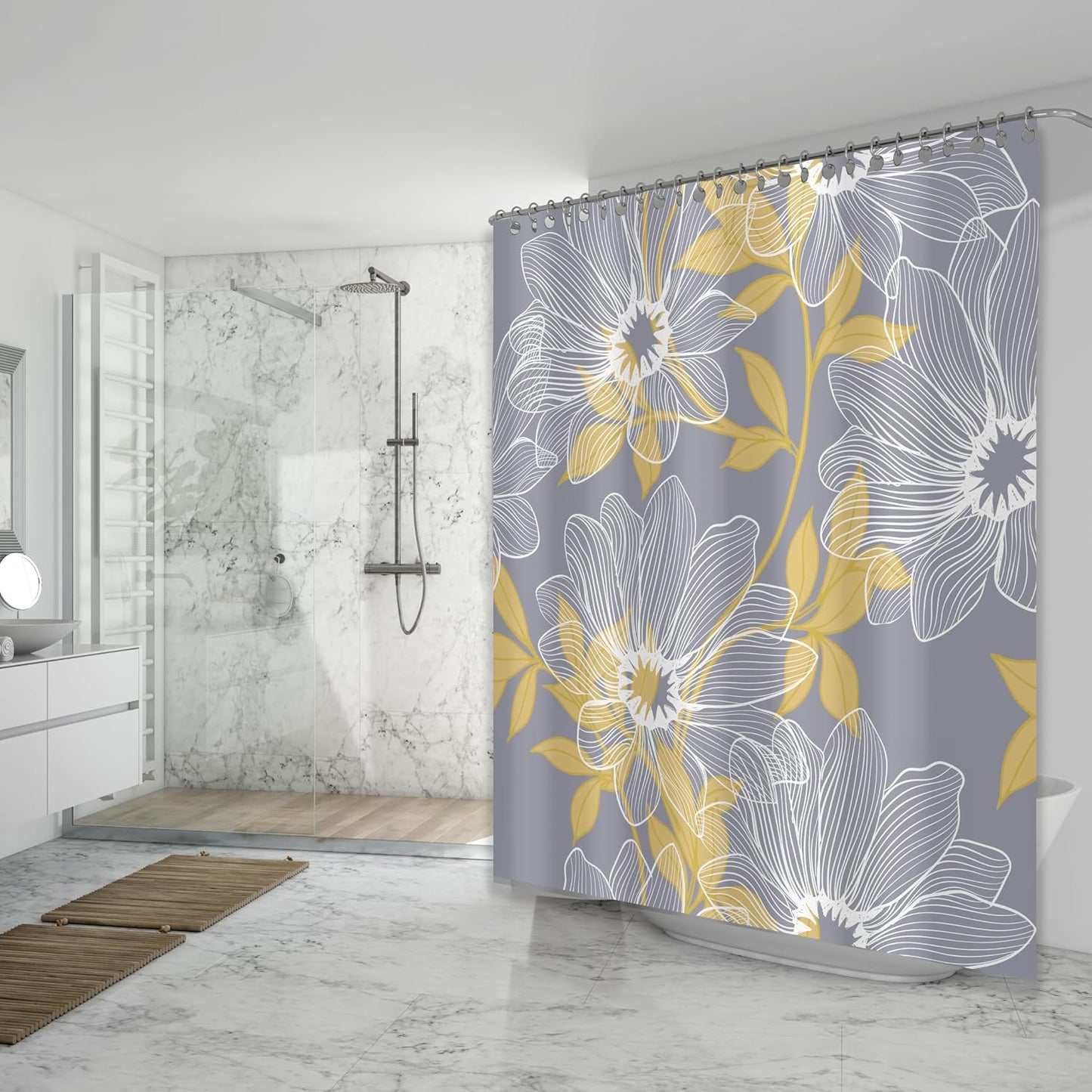 Unique Design Abstract Gray and Yellow Plants Flowers Fabric Shower Curtain, Mordern Art Curtain for Bathroom Décor Machine Washable 71" x 71" Grey