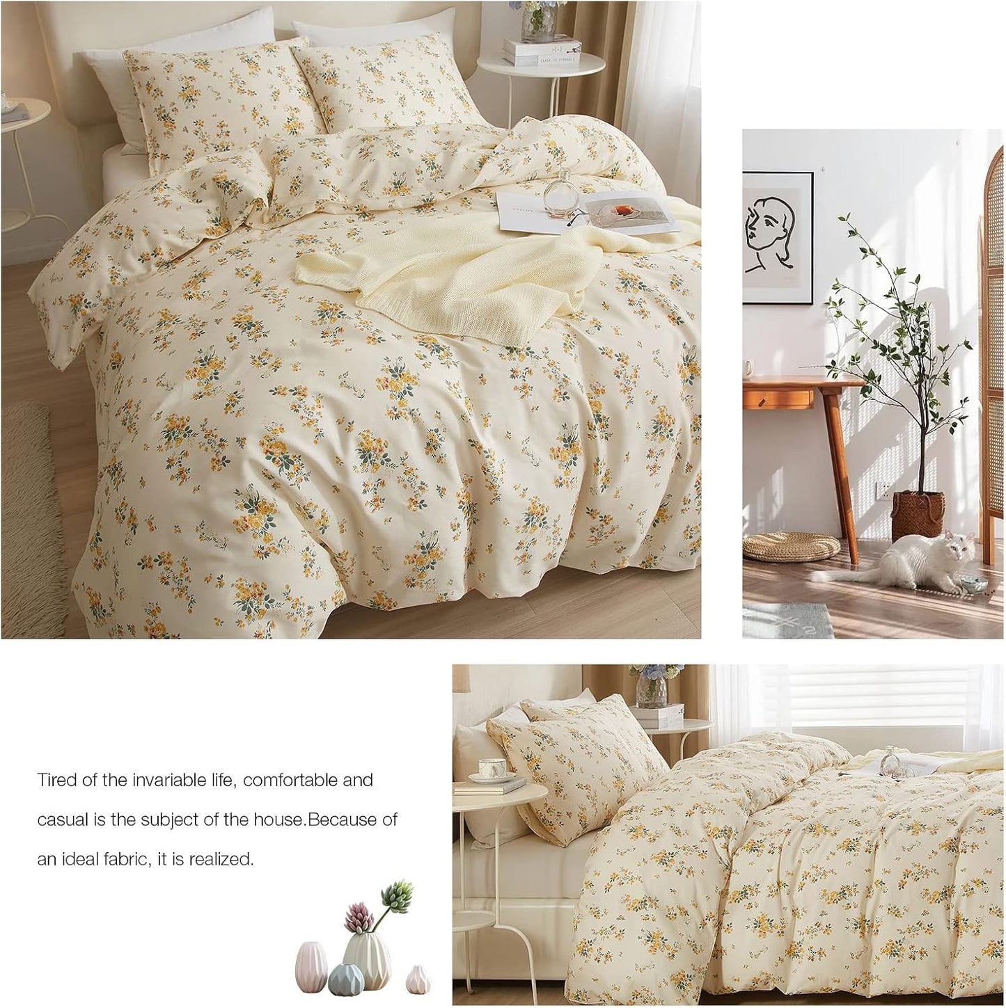 Yellow Floral Comforter Full Size Boho Flower Leaves Pattern Printed Bedding Sets Cute Floral Soft Fluffy Comforter with 2 Pillowcases, Botanical Bed Set for All Season-Full Size