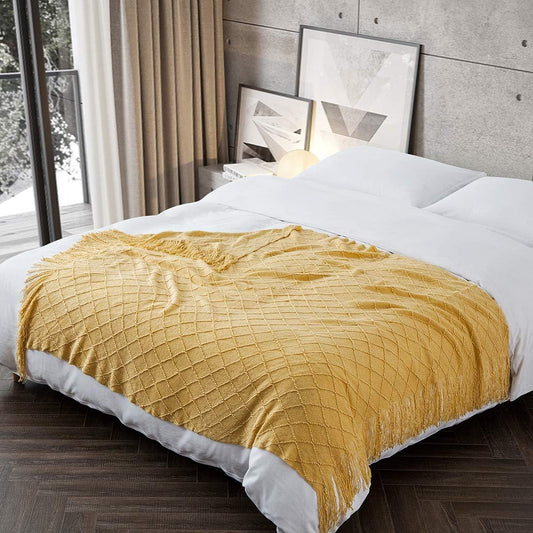 Knit Throw Blanket for Couch,Soft Knitted Blankets with Tassels Fringe 50" X 67.7", Decorative Lightweight Throws Blanket Farmhouse Bed Sofa Fall Outdoor, Yellow