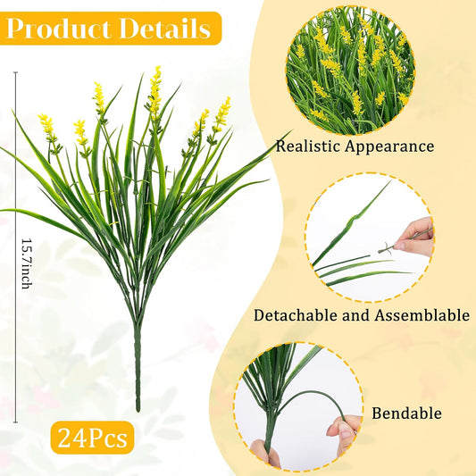 24 Pcs Artificial Plants Lavender Flowers for Outdoors, Yellow | Faux lavender flowers with fake monkey grass, UV resistant, plastic plants, porch garden patio window home decor