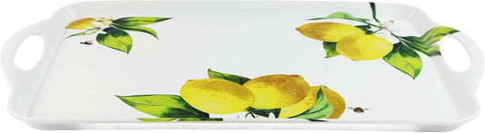 Calypso Basics Melamine Serving Ottoman Tray with Handles, Rectangular, Lemon, Lightweight, Durable, Multi-Purpose Use, Indoor, Outdoor, Camping, Server, Fresh Lemons